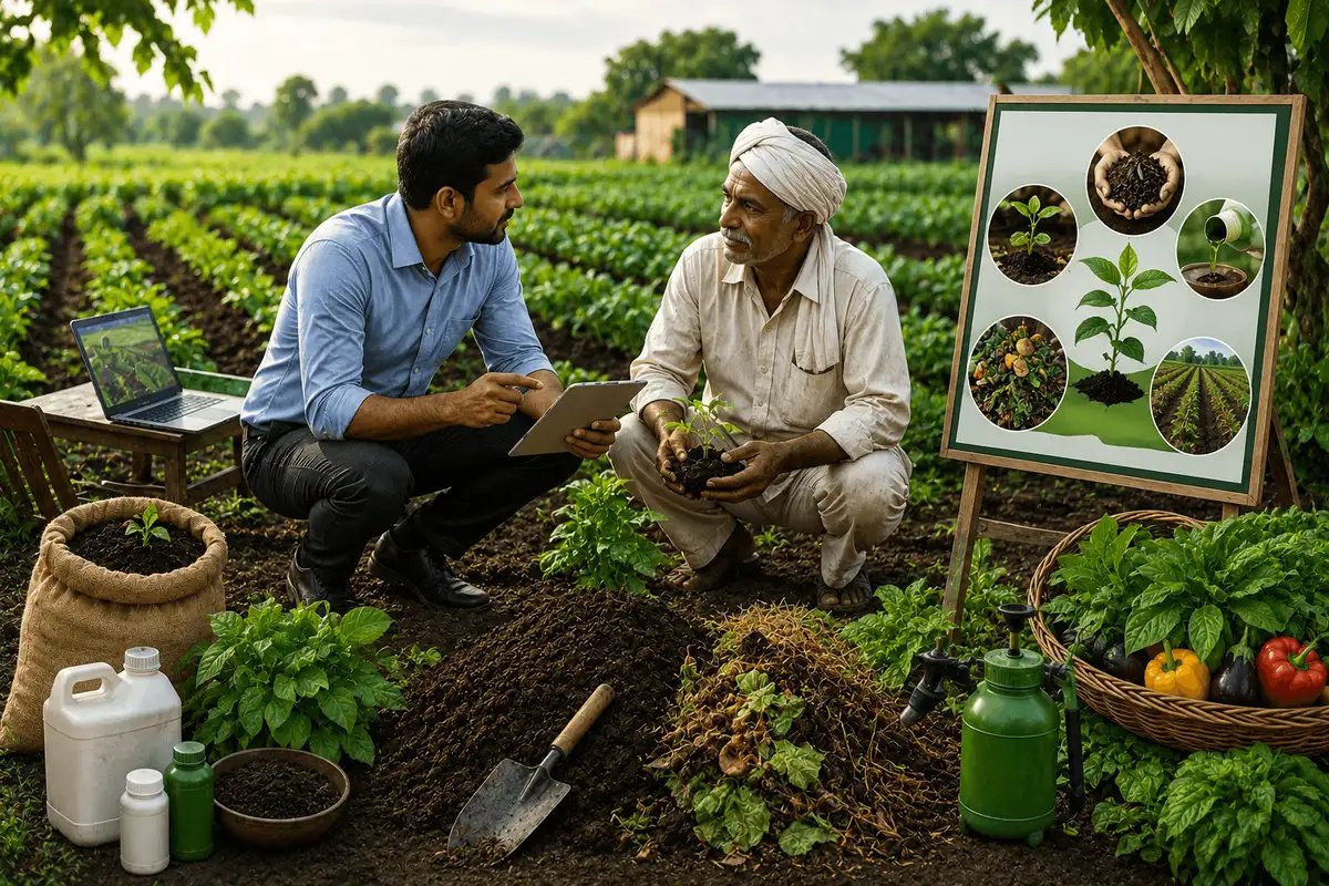 Agricultural expert providing on-site organic farming guidance, crop nutrition advice, and sustainable cultivation support for farmers.